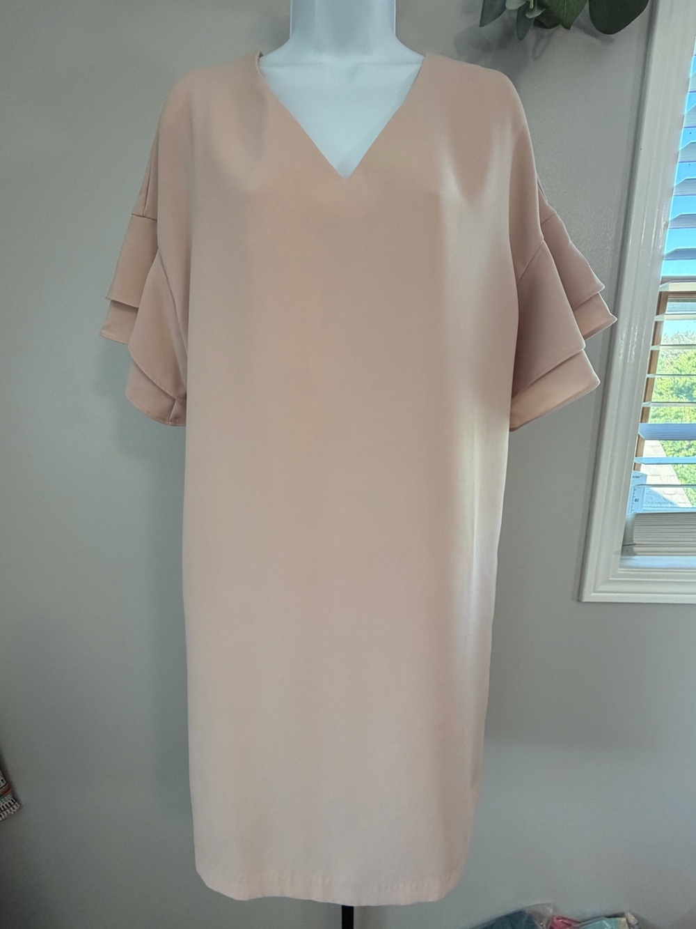 Worthington Soft Blush V-Neck Midi Dress with Tiered Short Sleeves